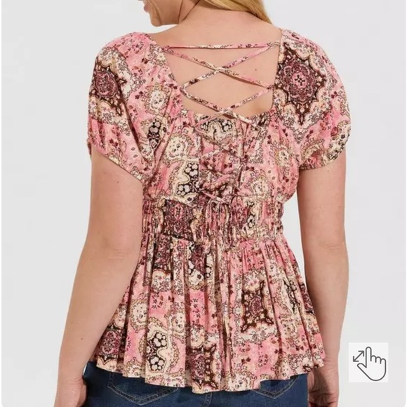 TORRID Crinkle Gauze Cris Cross Back Top Pink & Brown Peplum Cinched Waist Shirt - Picture 2 of 13
